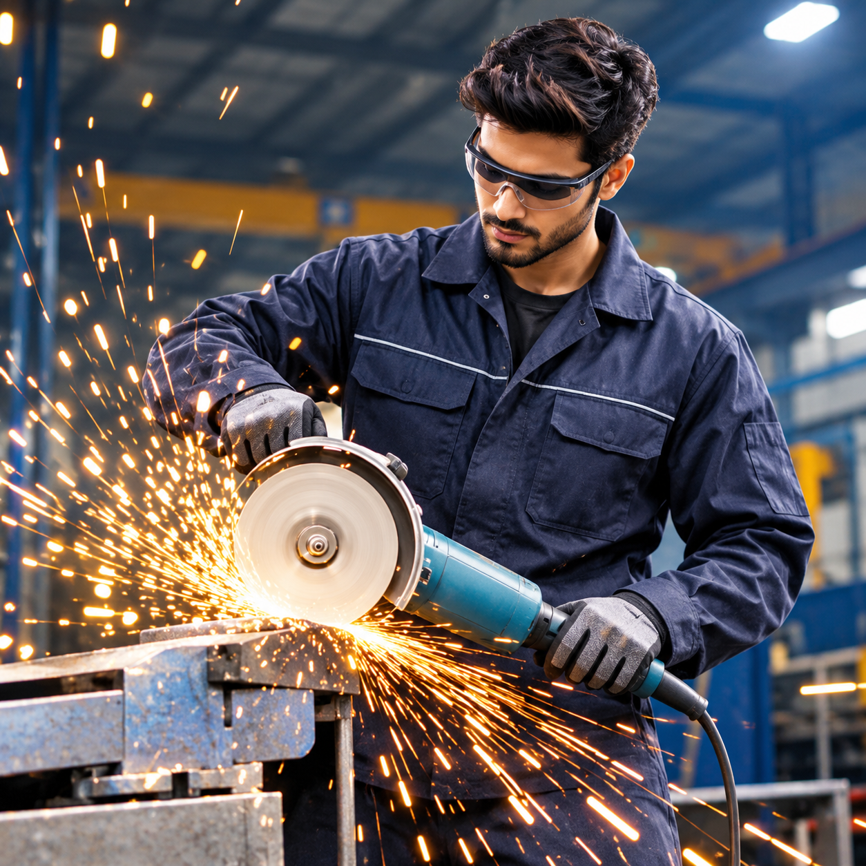 Industrial manufacturing worker using a grinding machine